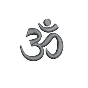 May include: A gray embroidered Om symbol, a sacred sound and syllable in Hinduism and Buddhism.