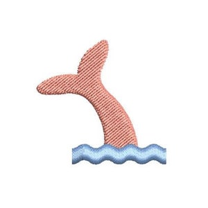 May include: A pink mermaid tail with a blue wavy line at the bottom, representing water.
