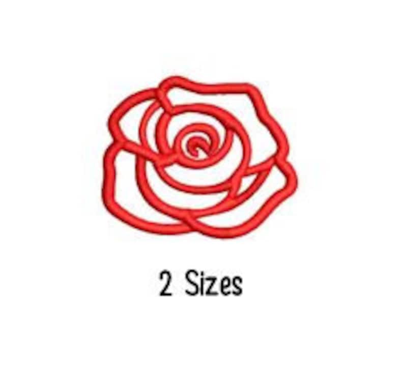 May include: Red outline embroidery design of a rose with two sizes available.