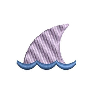 May include: A purple shark fin with a blue wave design. This is an embroidered design for a craft project.
