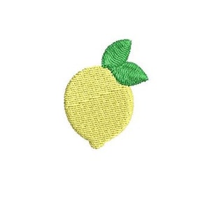 Può includere: Un limone giallo con una foglia verde in cima. Il limone è ricamato con un motivo testurizzato.