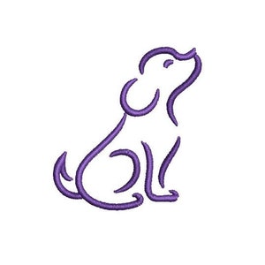 Pode incluir: Um desenho de linha roxa de um cão sentado com a cabeça levantada.