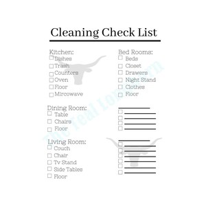 May include: A printable cleaning checklist with a black and white bull silhouette. The checklist includes rooms like the kitchen, dining room, living room, and bedrooms. Each room has a list of items to clean, such as dishes, trash, counters, oven, floor, microwave, table, chairs, couch, chair, TV stand, side tables, beds, closet, drawers, night stand, and clothes.