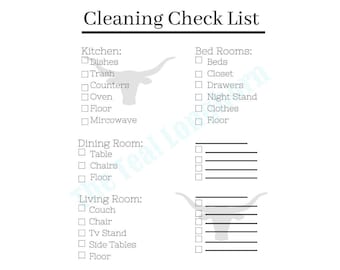 May include: A printable cleaning checklist with a black and white bull silhouette. The checklist includes rooms like the kitchen, dining room, living room, and bedrooms. Each room has a list of items to clean, such as dishes, trash, counters, oven, floor, microwave, table, chairs, couch, chair, TV stand, side tables, beds, closet, drawers, night stand, and clothes.