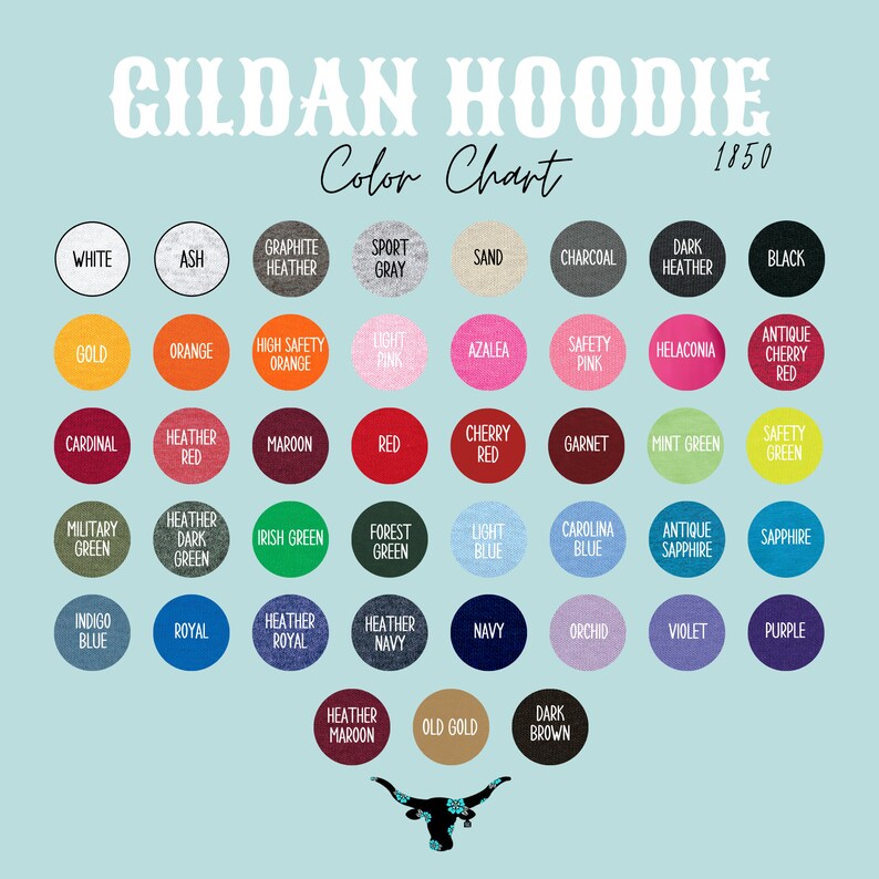 May include: Color chart for Gildan Hoodies, showing 1850 different colors. The chart includes a variety of colors, including white, black, red, blue, green, and yellow. The chart is organized in rows and columns, with each color represented by a small circle.