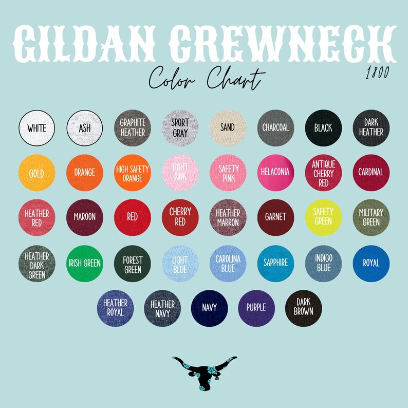 May include: Color chart for Gildan Crewneck 1800 t-shirts. The chart shows a variety of colors, including white, ash, graphite heather, sport gray, sand, charcoal, black, dark heather, gold, orange, high safety orange, light pink, safety pink, helac&ocirc;nia, antique cherry red, cardinal, heather red, maroon, red, cherry red, heather maroon, garnet, safety green, military green, heather dark green, Irish green, forest green, light blue, Carolina blue, sapphire, indigo blue, royal, heather royal, heather navy, navy, purple, and dark brown.
