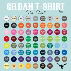 May include: Color chart for Gildan T-shirts, showing a variety of colors in a grid format. The chart includes colors like white, black, red, green, blue, and yellow.