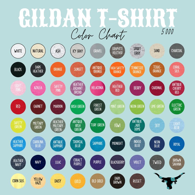 May include: Color chart for Gildan T-shirts, showing a variety of colors in a grid format. The chart includes colors like white, black, red, green, blue, and yellow.