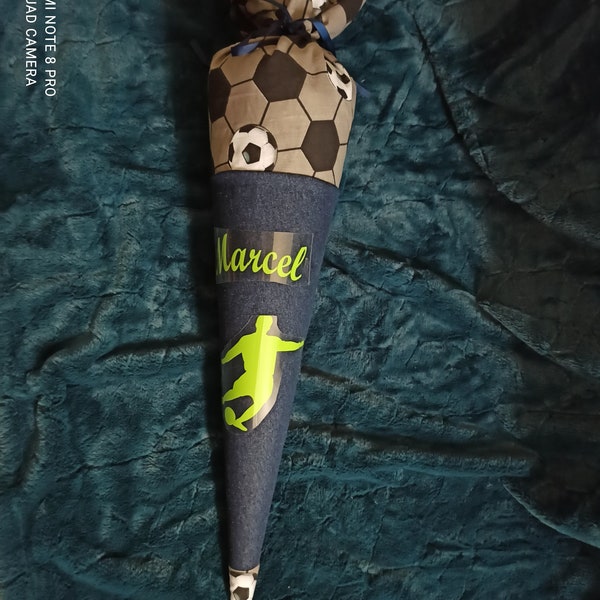 Schultüte, Zuckertüte, Fußball,  Stoff, mit Namen, Jungen, 70cm