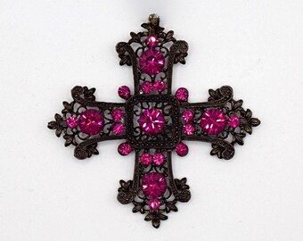 Dije de cruz gótica de cristal fucsia, dije de cruz de cristal Swarovski, adorno gótico vintage, cruz de diamantes de imitación, colgante de cruz de cristal