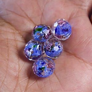 10pcs Lampwork Beads, 11mm Blue  Faceted Rondelle Floral Lampwork Bead