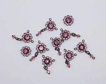 Rose Pink Swarovski Crystal Flower Connector Lot, Vintage Crystal Flower Charms , Crystal Flower Connector, Pink Rhinestone Flower
