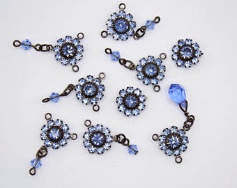 15pcs Swarovski Crystal Flower Connector and Charm Lot, Vintage Light Sapphire Crystal Flower, Light Blue Rhinestone Flower