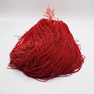 May include: A large pile of bright red elastic cord, perfect for crafting projects.