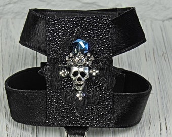 Black Leather Dog Harness: Stingray & Skull Design, Handmade Pet Accessory
