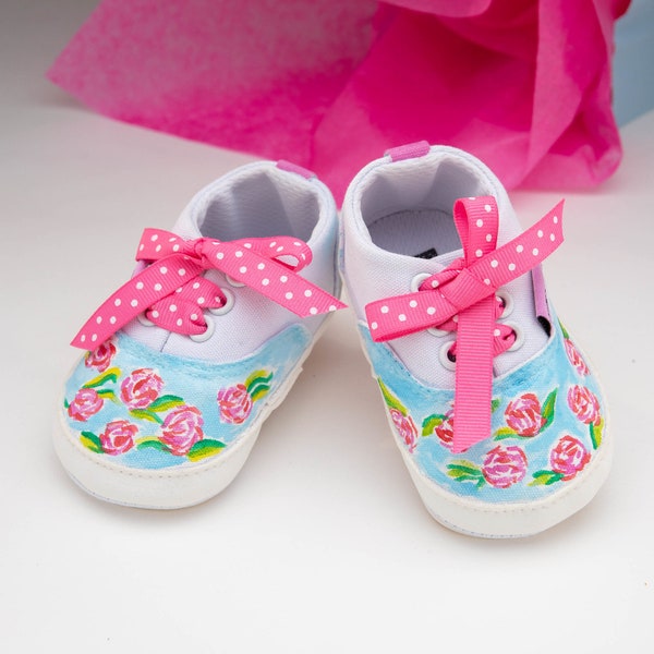 Handpainted Pink Rose Baby Shoes, Infant Boy & Girl Shoes, Pregnancy, Baby Shower Unique Gift, Custom Baby, New Mom, Grandma Gift SoleBabyCo