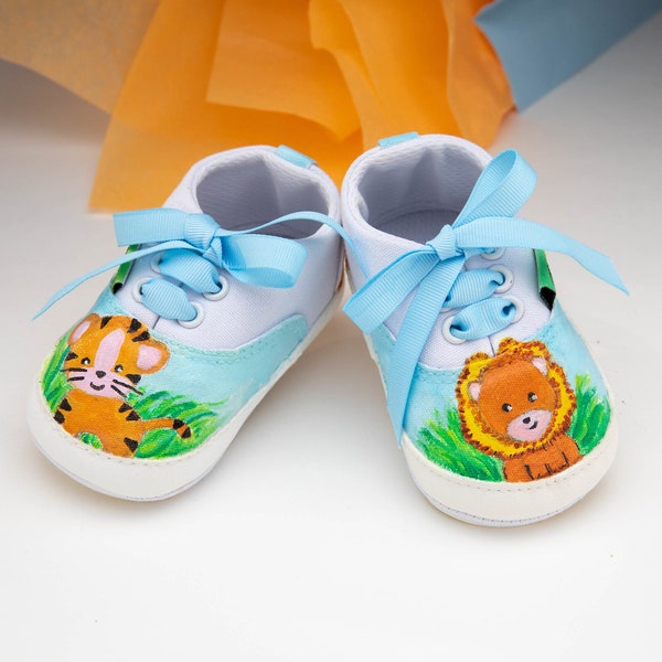 Handpainted Lion&Tiger Baby Shoes, Infant Boy Girl Shoes, Pregnancy, Baby Shower Unique Gift, Custom Baby, New Mom, SoleBabyCo