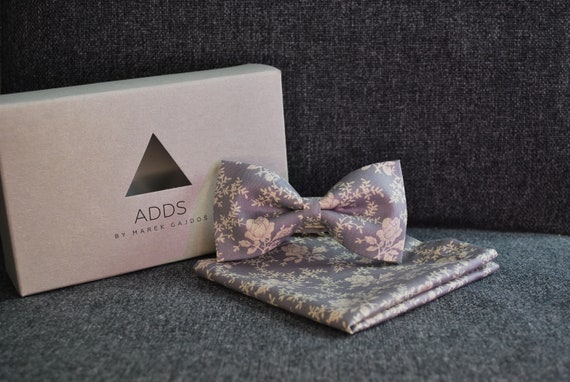 Men's bow tie and handkerchief set: timeless elegance - gray with flowers