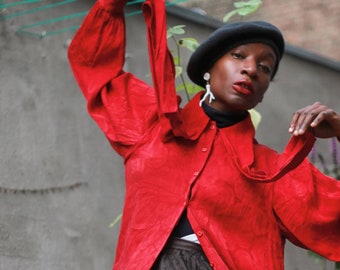 Vintage Aquascutum of London Red Blouse | Silk Festive Buttoned down shirt with tie and floral print