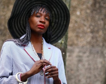 E E elegance Striped Blazer | Vintage 90s Breton inspired blazer with red details | Blue and White Preppy tailored blazer