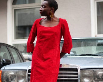 Vintage 80s Anna Molinari Red Velvet Dress: Square Neck Midi