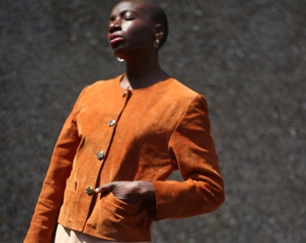 Vintage Suede Jacket| 80s Elegance Band Collar brown blazer with statement buttons| Women's Minimalist Cropped Suede Blazer