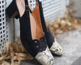 Vintage 80s Suede Black and Brown Slingback heels with Snake Print Detail and floral cut out motifs size 7.5 UK