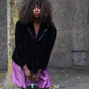 Black Velvet Jacket | Vintage 80s Puff Sleeve Blazer | M/L