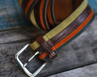 90s Etro Leather Belt | Vintage striped designer belt| Maximalist green and brown belt