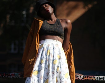 90s Floral Print Skirt | Vintage Women's Bohemian pleated Midi skirt in yellow and white| Feminine summer skirt