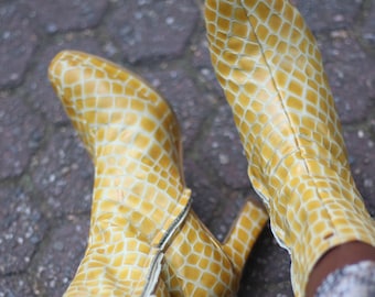 y2k yellow boots | Faux leather shoes| Fashionable Statement Shoes | Minimalist Avantgarde heeled boots