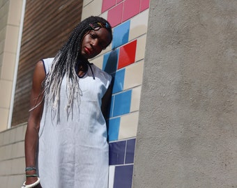 Vintage Striped Dress | Sleeveless blue and white summer dress | Breton striped design with tie