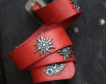 80s Red Leather Belt| Vintage studded bavarian folk belt| Embellished Maximalist belt with star shaped studs