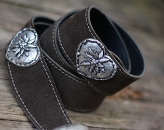 80s Suede Belt| Vintage Women's Belt with Silver-Colored Studs l Folklore inspired brown belt with heart-shaped details