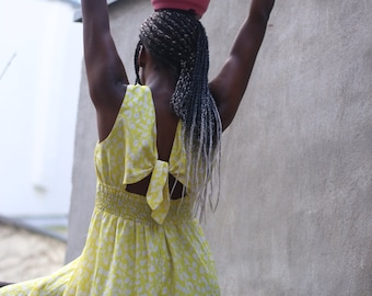 Vintage Asymmetrical Yellow Dress| 80s Summer Floral Dress with cut out details