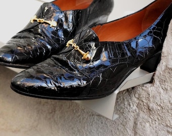 Vintage 90s Black Leather Loafers Lorbac Italian Croc Horsebit Pointed Shoes 38.5