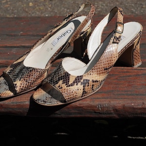 May include: A pair of slingback heels with a snakeskin pattern in shades of brown, tan, and black. The heels have a block heel and a strap that buckles around the ankle. The brand name "Gabor" is visible on the insole.