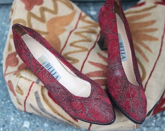 Vintage Leather Pumps by Bella  | Red heels with with abstract detailw size 6 UK