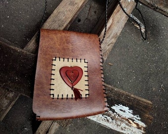 90s Bohemian leather bag | Vintage brown  mini shoulderbag with heart shape detail