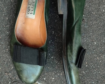 80s Marina Murano Ballerinas| Vintage green leather ballet flats| Women's shoes with bow detail