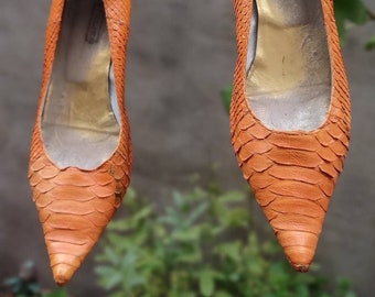 Vintage Orange Leather Pumps| Y2k Pointed Toe Snake-Effect Texture Kitten Heels Size EU37