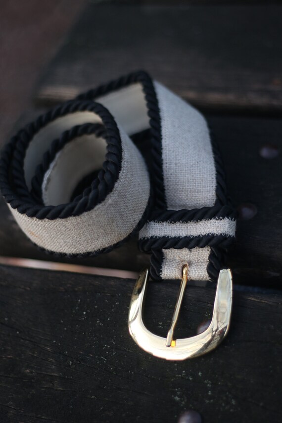 Vintage Linen Belt With Black Rope Trim| 90s Minimalist Gold  display picture 2