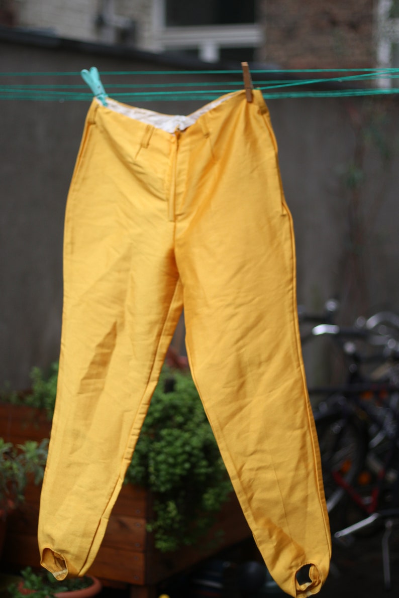 80s yellow shinny trousers Vintage bright yellow statement Stirrup pants image 4