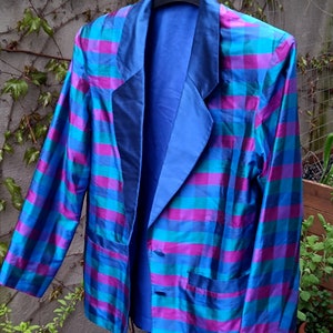 80er Jahre Karierter Blazer Vintage Maximalist Damen Blazer Blau und Lila Workwear Jacke Bild 6