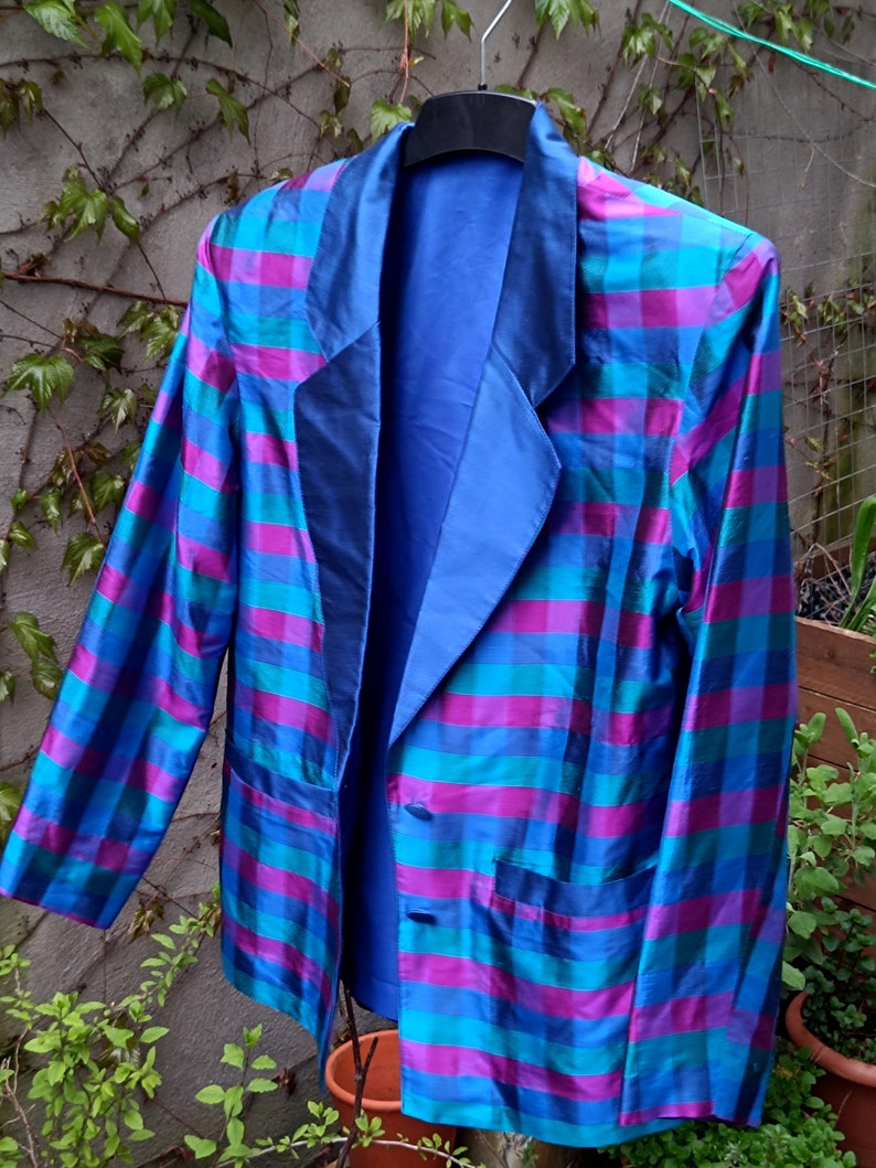 80er Jahre Karierter Blazer Vintage Maximalist Damen Blazer Blau und Lila Workwear Jacke Bild 6