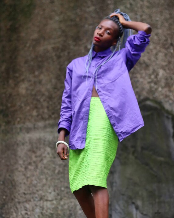 Frissons Paris Skirt in Neon Green Vintage Silk Blend Skirt 80s