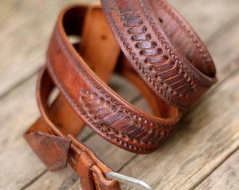 70s leather belt| Vintage brown handmade belt with woven details