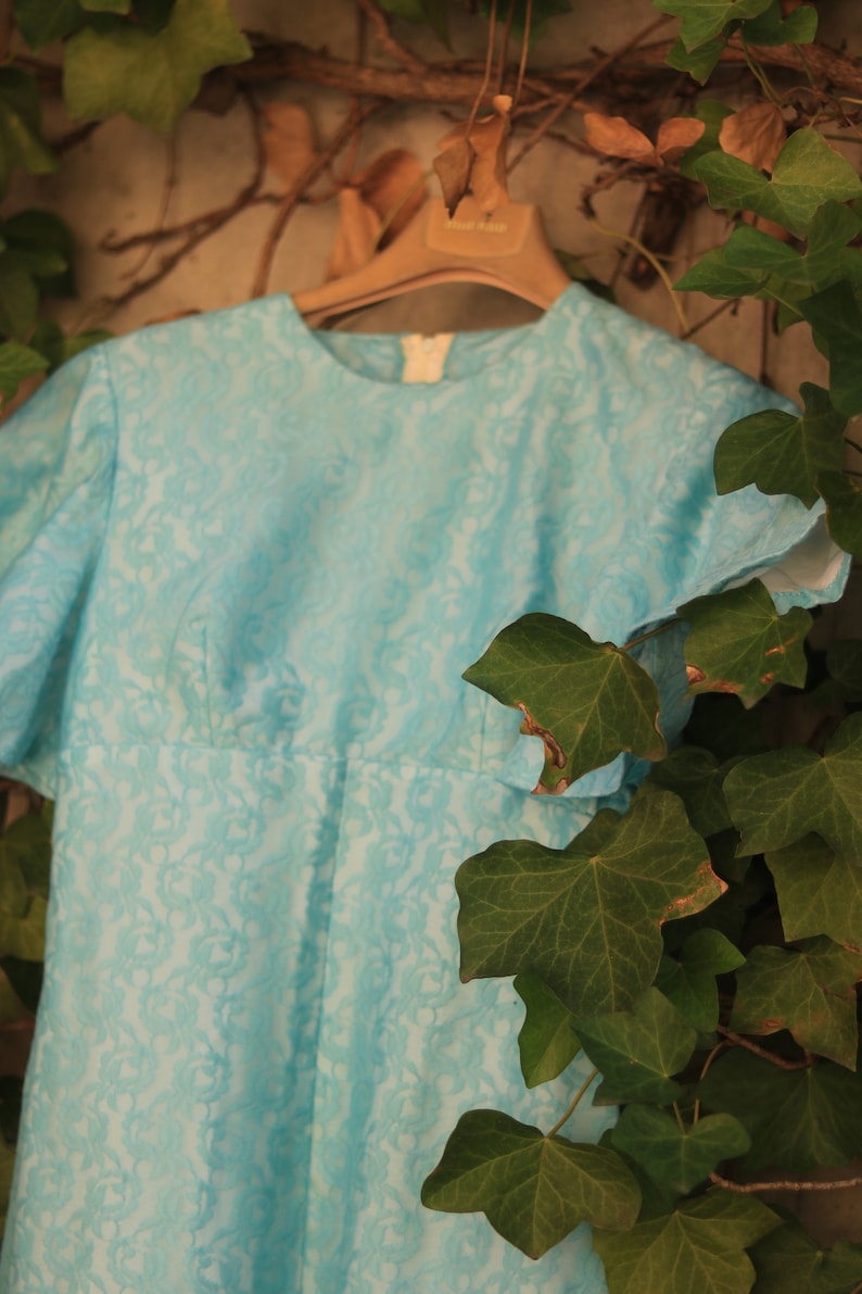 Vintage 70s Maxi Blue Lace Dress Bohochic Elegant Short Sleeved Retro Size Small XS image 9