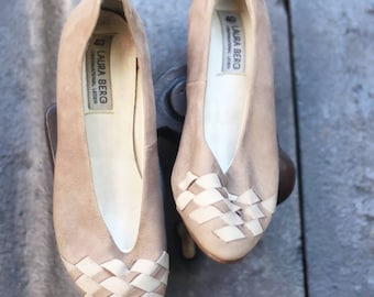 80s Laura Berg Leather Pumps| Vintage Brown and Creme Slip ins with woven details| Minimalist Purist Avantgarde heels