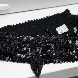 Frank Usher Sequin Belt Vintage Black Beaded 80s Disco  display picture 2